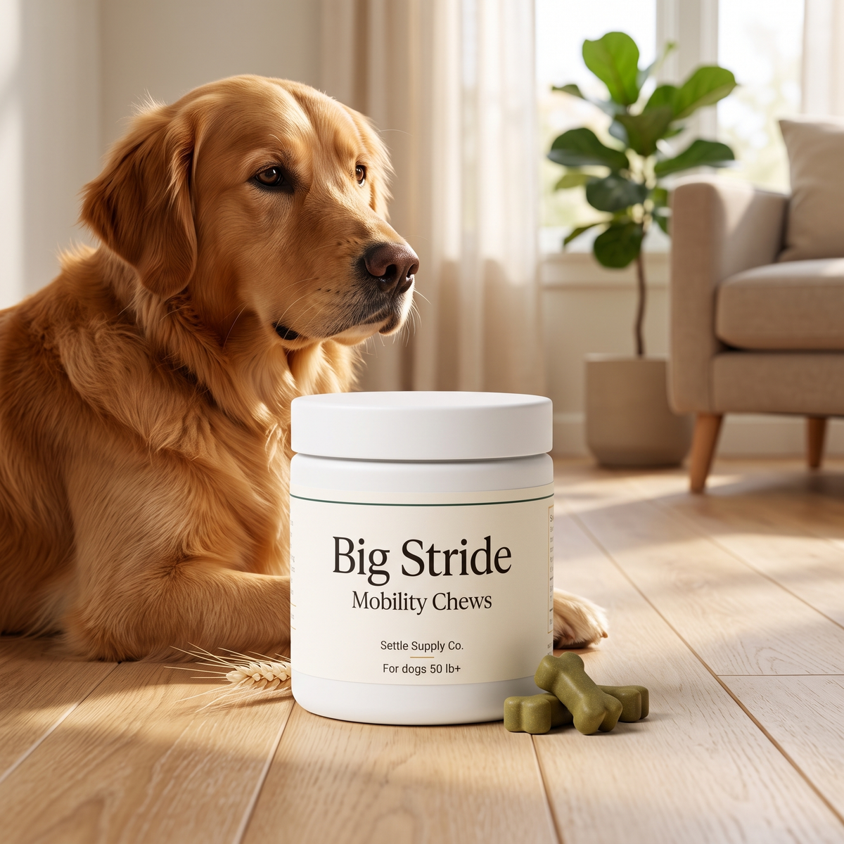 Big Stride Mobility Chews — with golden retriever