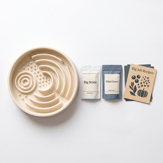 Settle Starter Bundle: The Big Job XL feeder, Big Stride and Wind-Down sample pouches, and Big Job Recipes cards