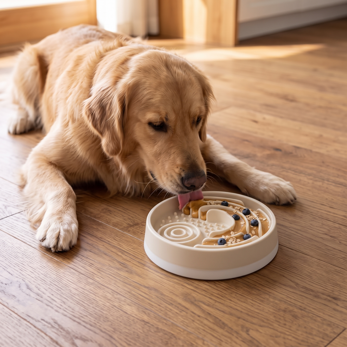 Golden retriever licking The Big Job XL enrichment feeder